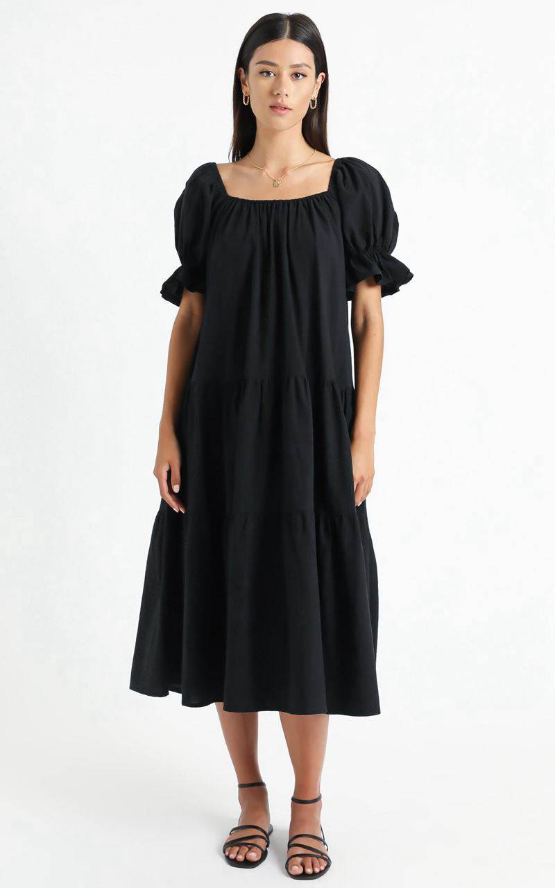 Showpo Zaharrah Tiered Midi Dress Black Linen Look | YXQUKR091