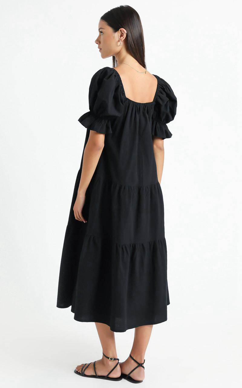 Showpo Zaharrah Tiered Midi Dress Black Linen Look | YXQUKR091