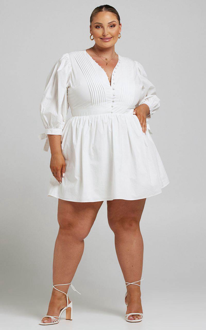 Showpo Zandra Mini Dress - Puff Sleeve Poplin Dress White | ZGIBTJ143