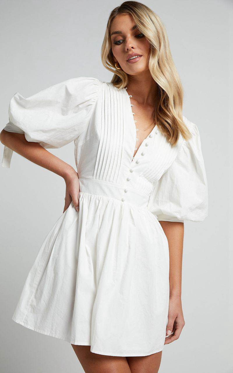 Showpo Zandra Mini Dress - Puff Sleeve Poplin Dress White | ZGIBTJ143