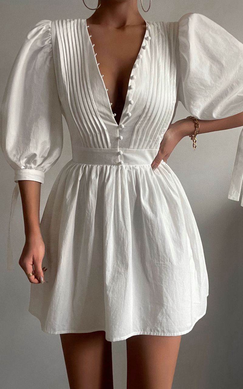 Showpo Zandra Mini Dress - Puff Sleeve Poplin Dress White | ZGIBTJ143