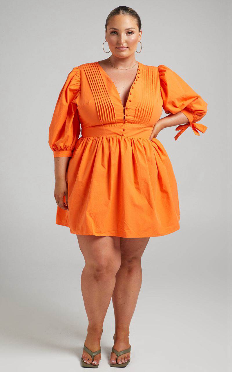 Showpo Zandra Mini Dress - Puff Sleeve Poplin Dress Orange | OFXPVS836