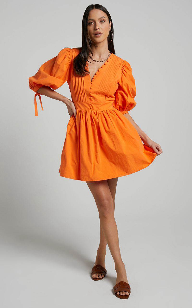 Showpo Zandra Mini Dress - Puff Sleeve Poplin Dress Orange | OFXPVS836