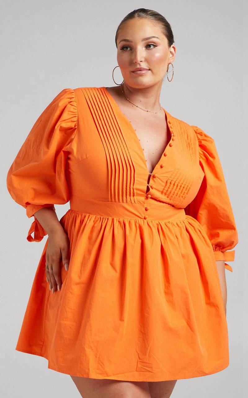 Showpo Zandra Mini Dress - Puff Sleeve Poplin Dress Orange | OFXPVS836