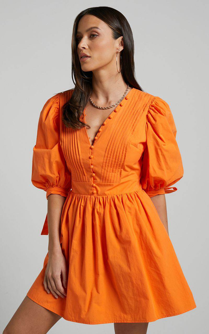 Showpo Zandra Mini Dress - Puff Sleeve Poplin Dress Orange | OFXPVS836