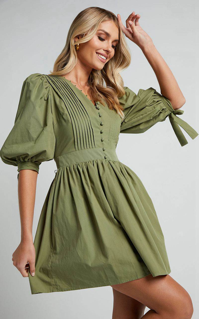 Showpo Zandra Mini Dress - Puff Sleeve Poplin Dress Khaki | CWEAXO408