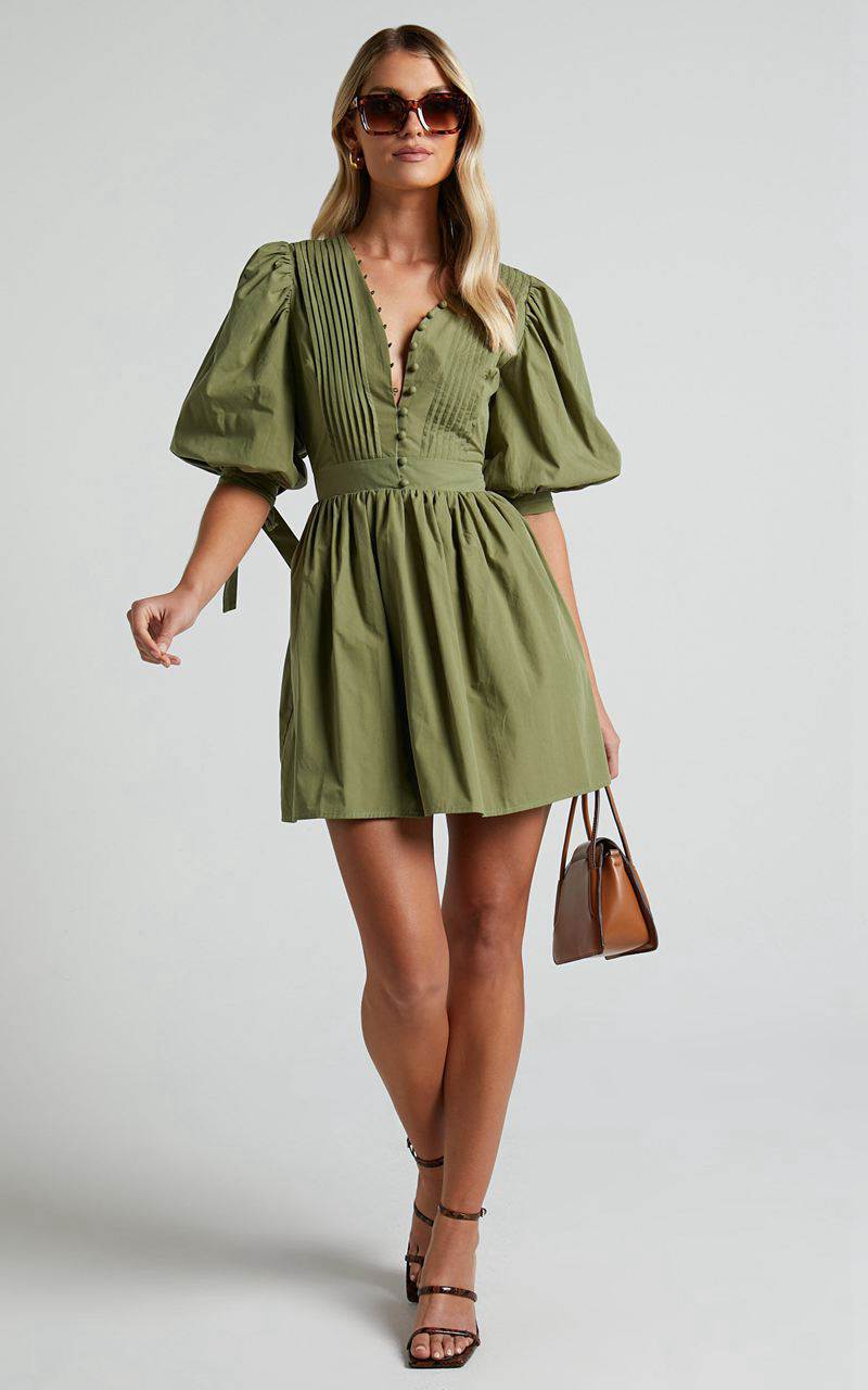 Showpo Zandra Mini Dress - Puff Sleeve Poplin Dress Khaki | CWEAXO408