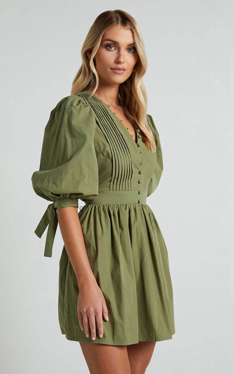 Showpo Zandra Mini Dress - Puff Sleeve Poplin Dress Khaki | CWEAXO408