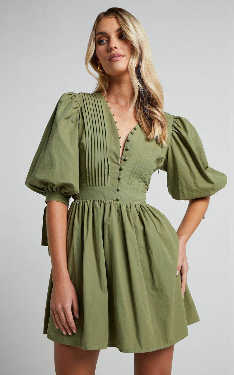 Showpo Zandra Mini Dress - Puff Sleeve Poplin Dress Khaki | CWEAXO408