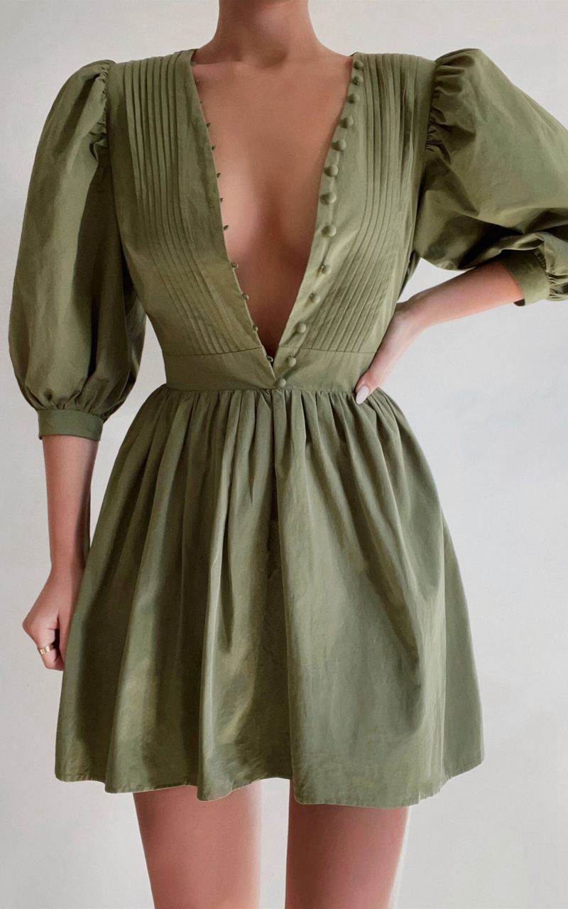 Showpo Zandra Mini Dress - Puff Sleeve Poplin Dress Khaki | CWEAXO408