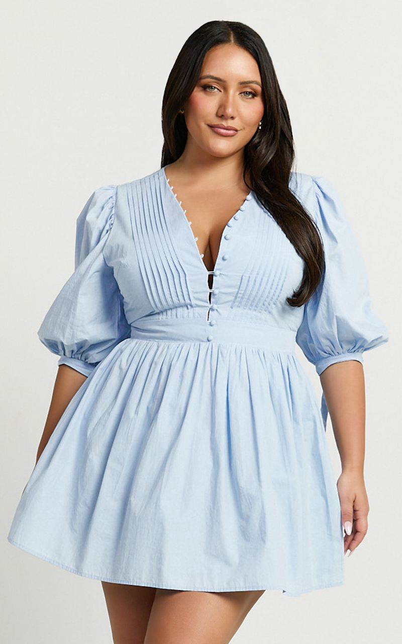 Showpo Zandra Mini Dress - Puff Sleeve Poplin Dress Icy Blue | QFIYVL149