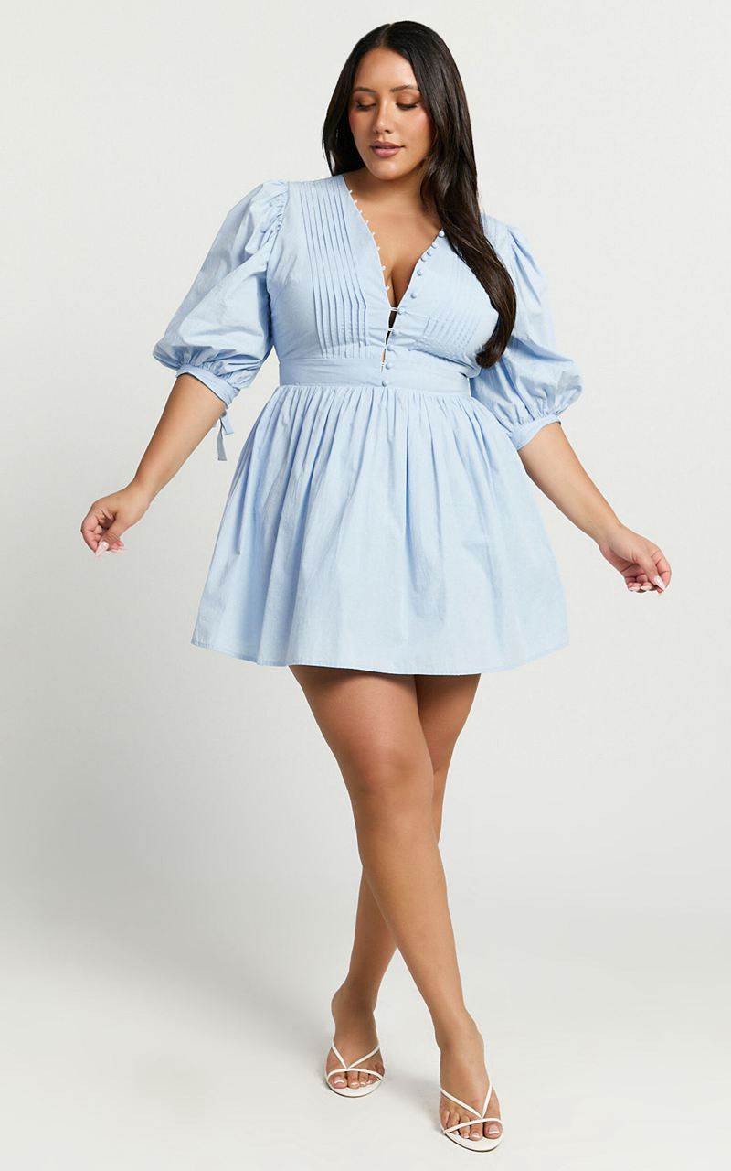 Showpo Zandra Mini Dress - Puff Sleeve Poplin Dress Icy Blue | QFIYVL149