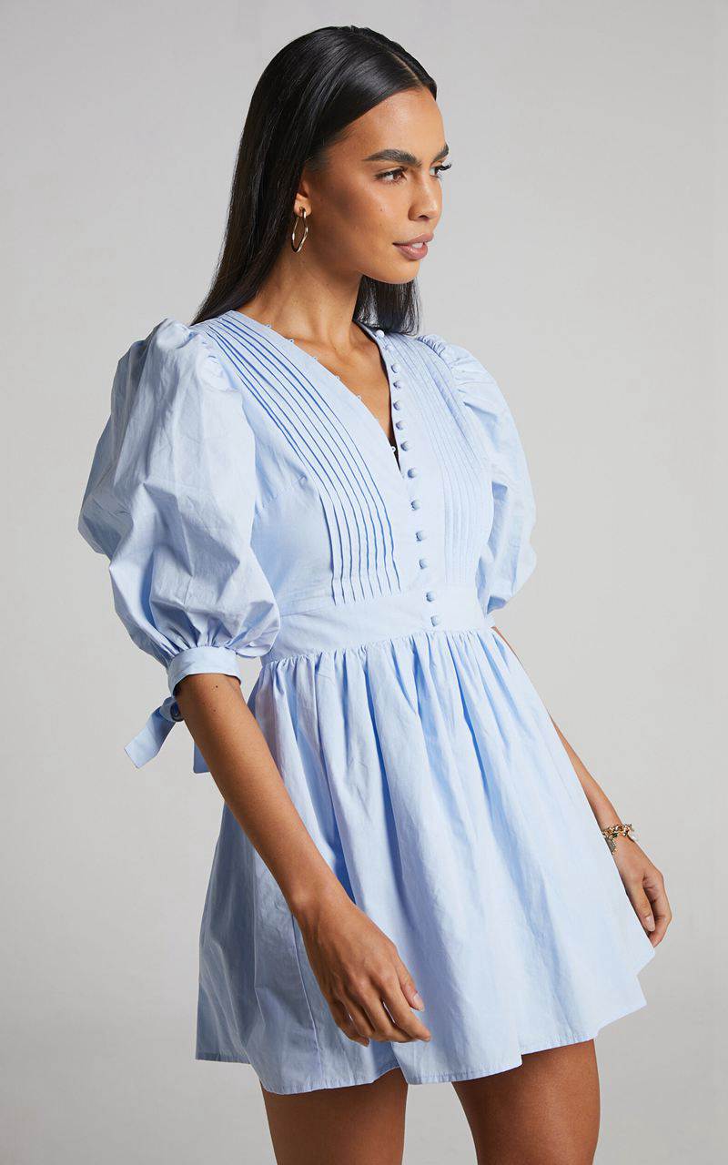 Showpo Zandra Mini Dress - Puff Sleeve Poplin Dress Icy Blue | QFIYVL149