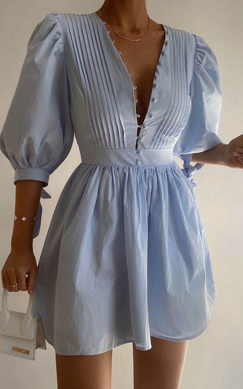 Showpo Zandra Mini Dress - Puff Sleeve Poplin Dress Icy Blue | QFIYVL149