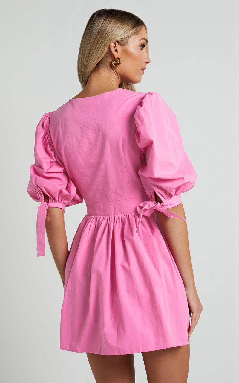 Showpo Zandra Mini Dress - Puff Sleeve Poplin Dress Ice Pink | LDUKQA746