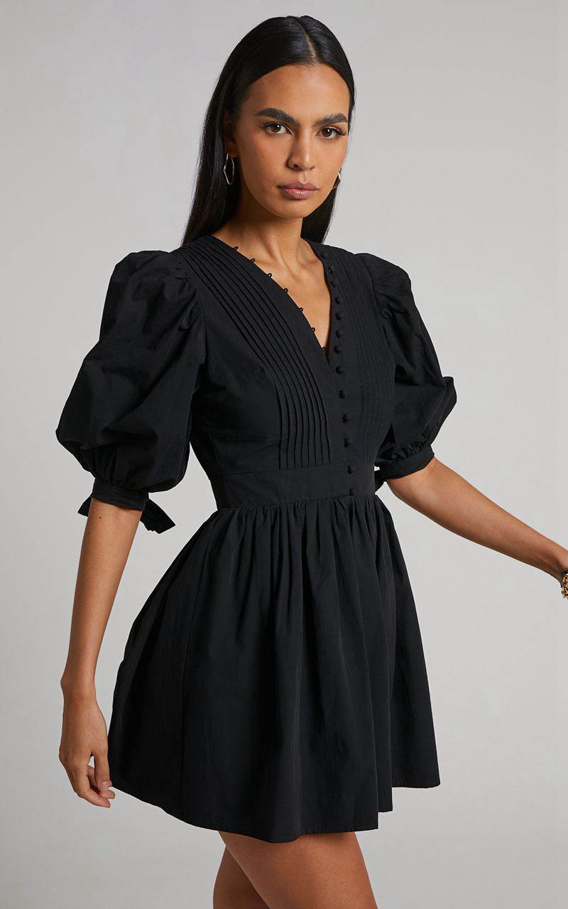 Showpo Zandra Mini Dress - Puff Sleeve Poplin Dress Black | HCYKOX379