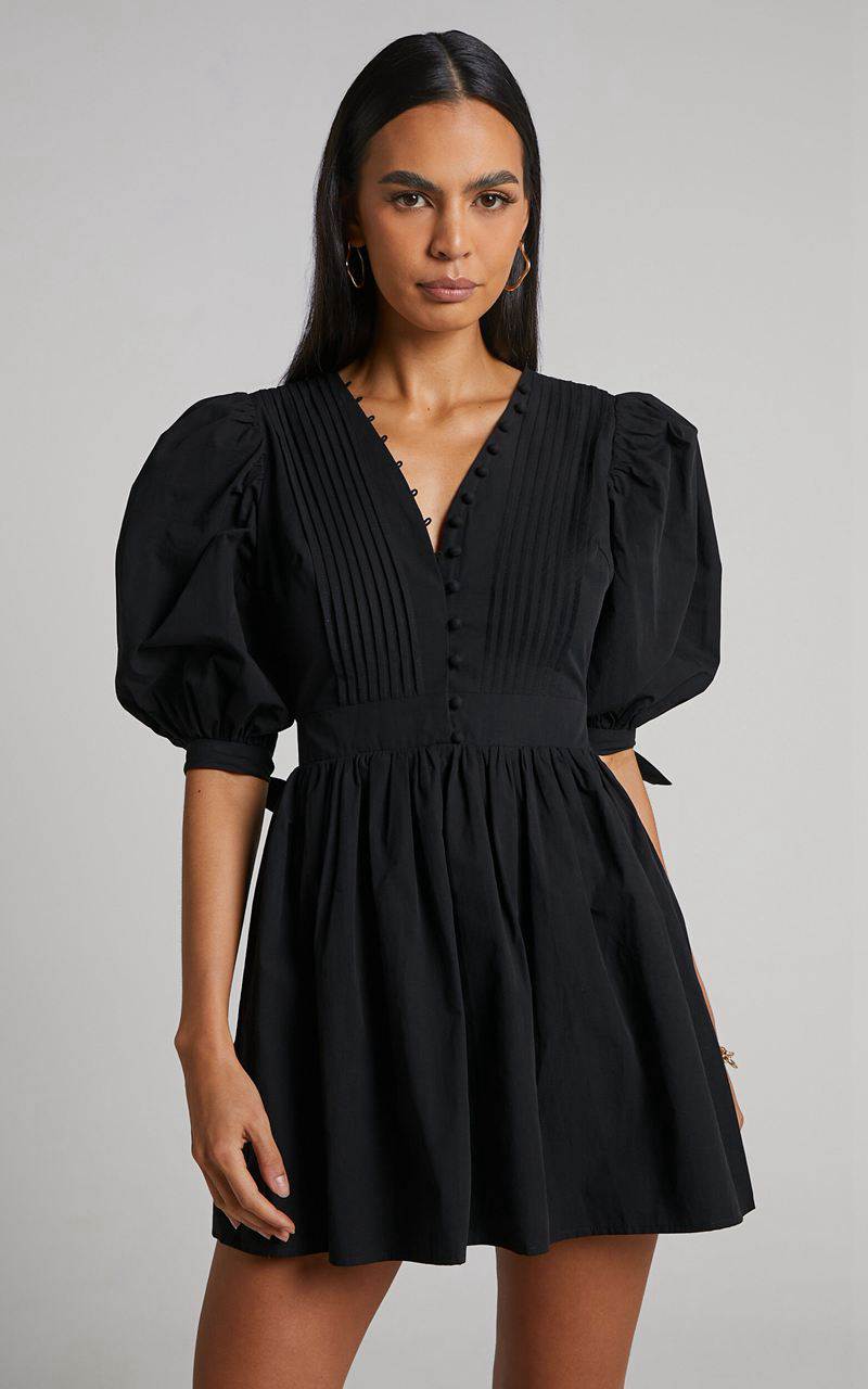 Showpo Zandra Mini Dress - Puff Sleeve Poplin Dress Black | HCYKOX379