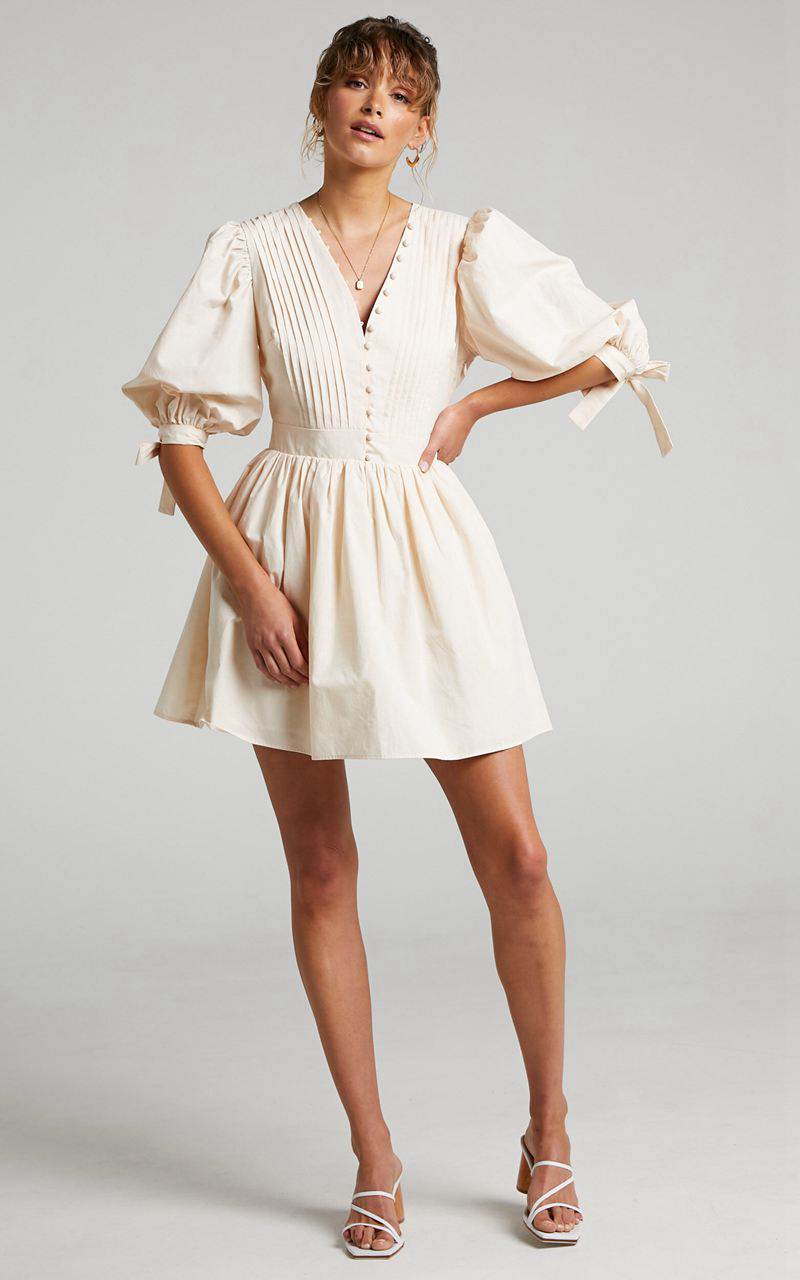 Showpo Zandra Mini Dress - Puff Sleeve Poplin Dress Beige | CUHGQY975