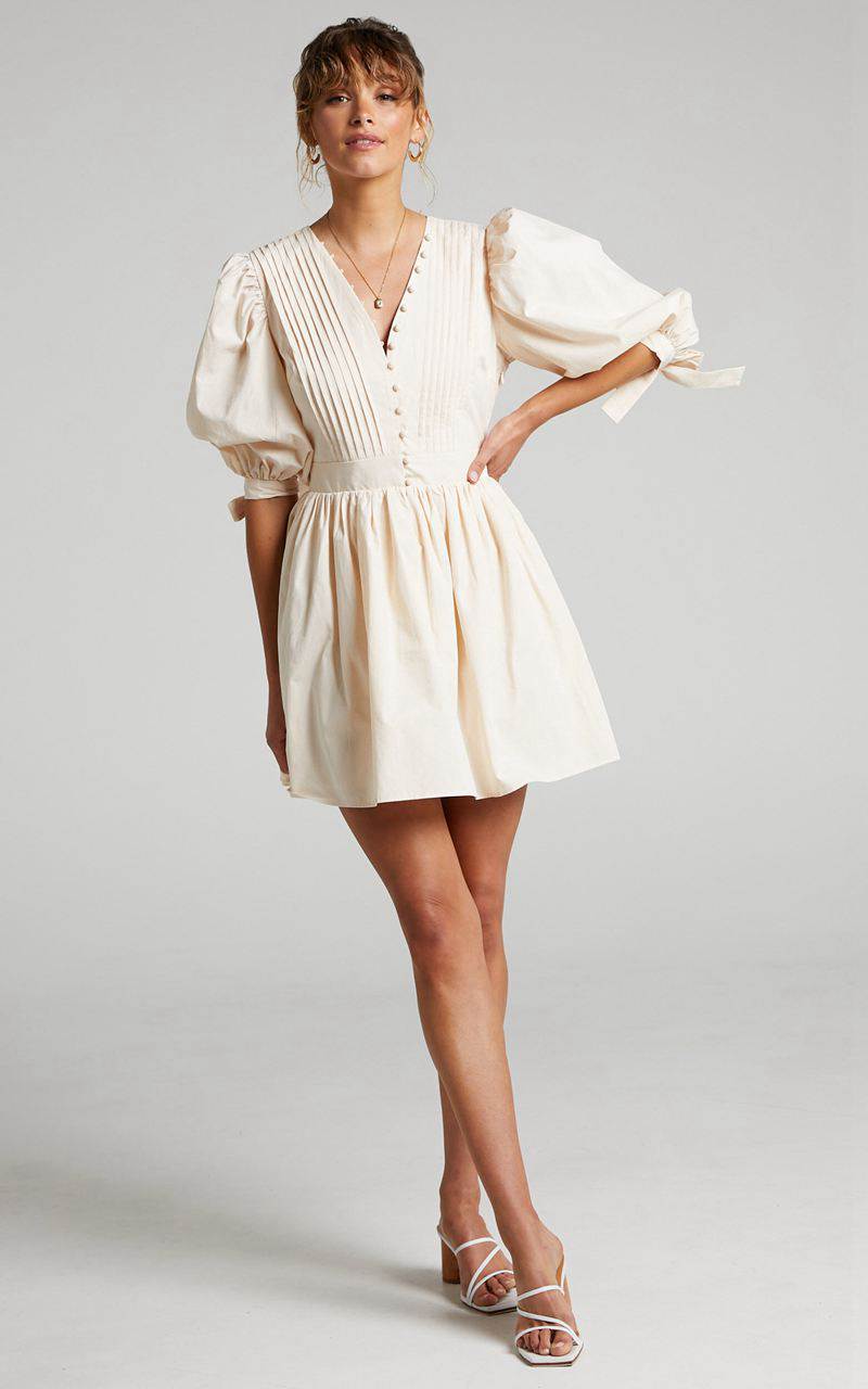 Showpo Zandra Mini Dress - Puff Sleeve Poplin Dress Beige | CUHGQY975