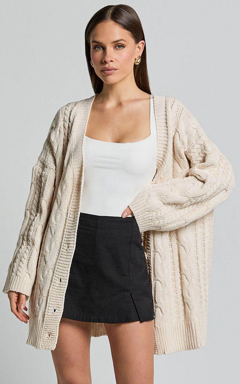 Showpo Zane Cardigan - Longline Cable Knit Oversized Cardigan Cream | XBYLNS879