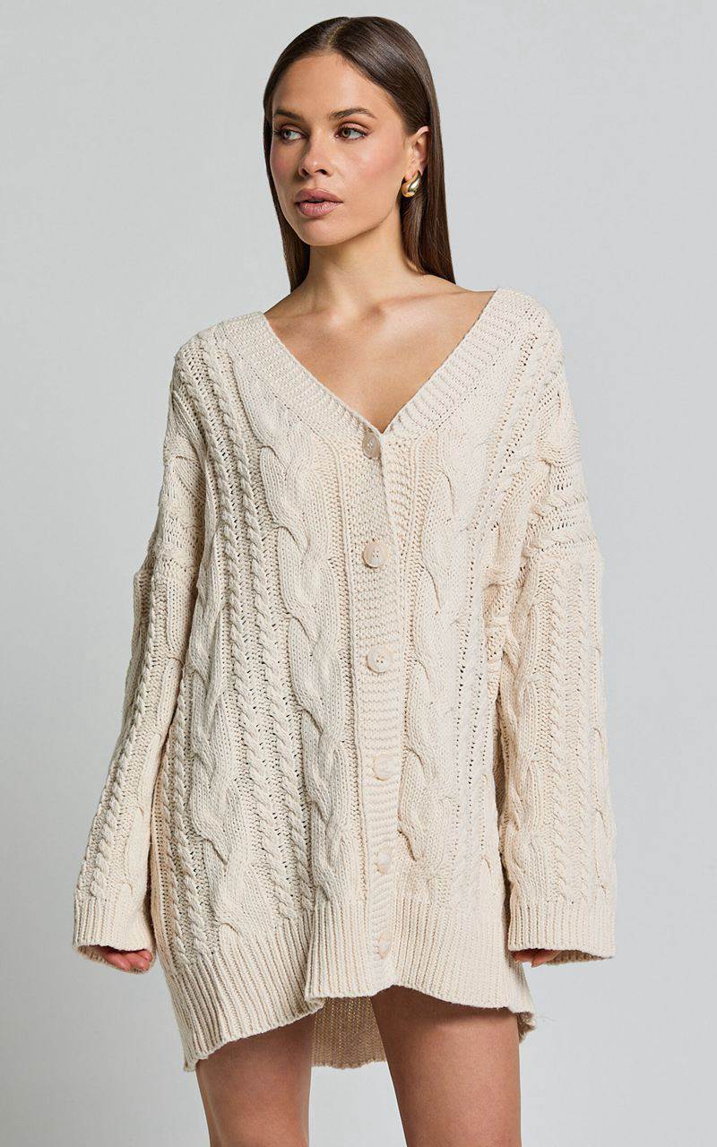 Showpo Zane Cardigan - Longline Cable Knit Oversized Cardigan Cream | XBYLNS879