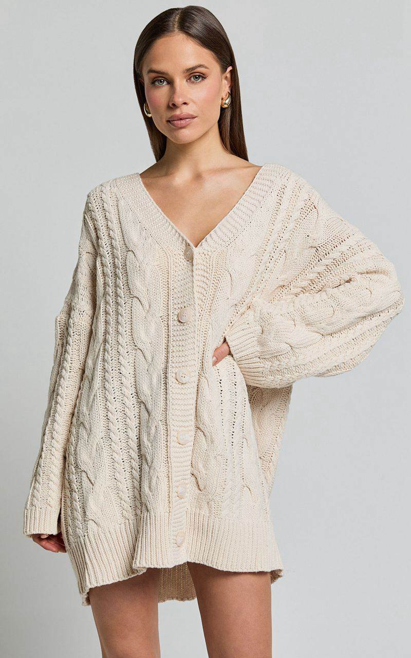 Showpo Zane Cardigan - Longline Cable Knit Oversized Cardigan Cream | XBYLNS879