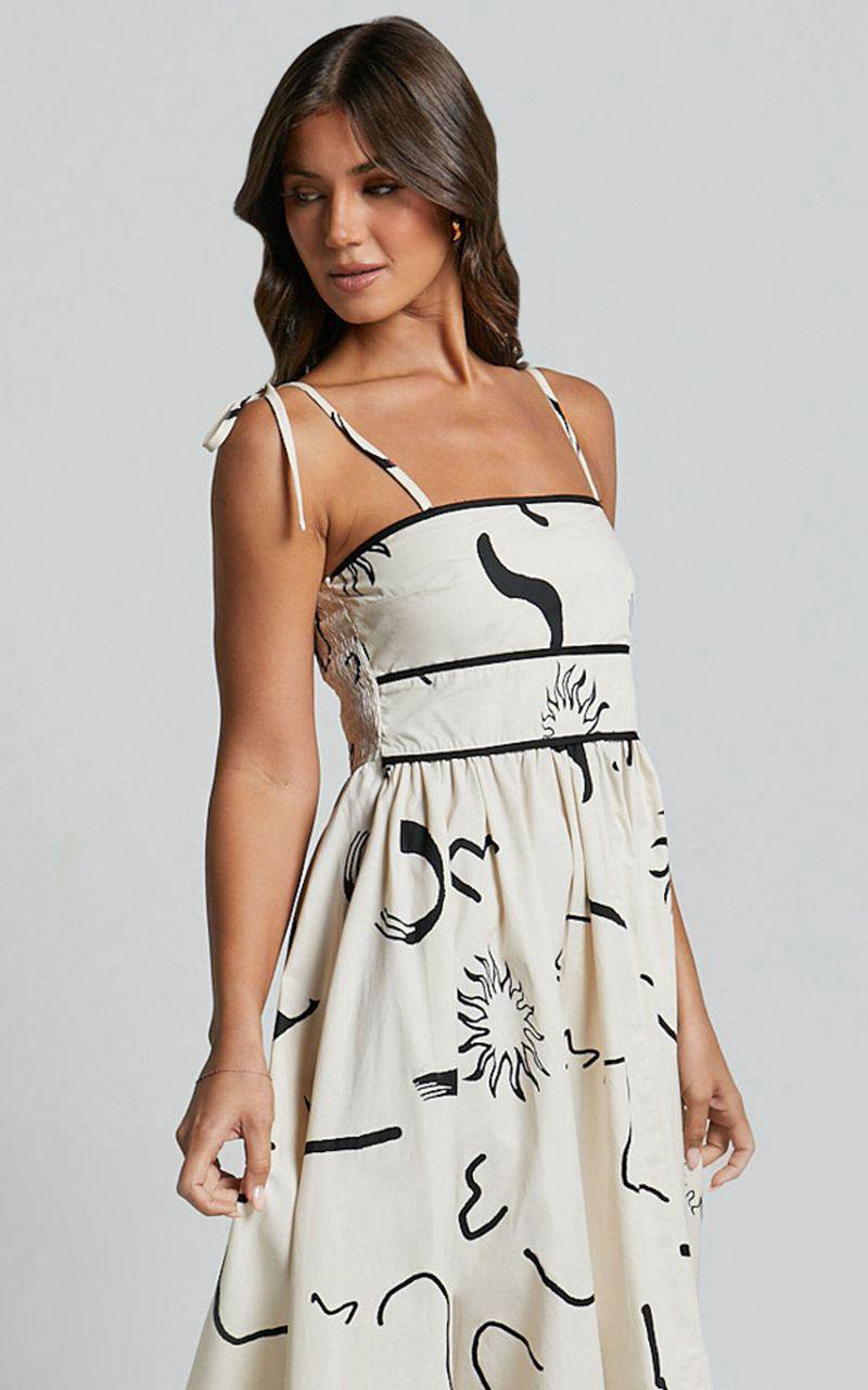 Showpo Zane Midi Dress - Sleeveless Tie Straps A Line Dress Black And White Print | DENGUM760