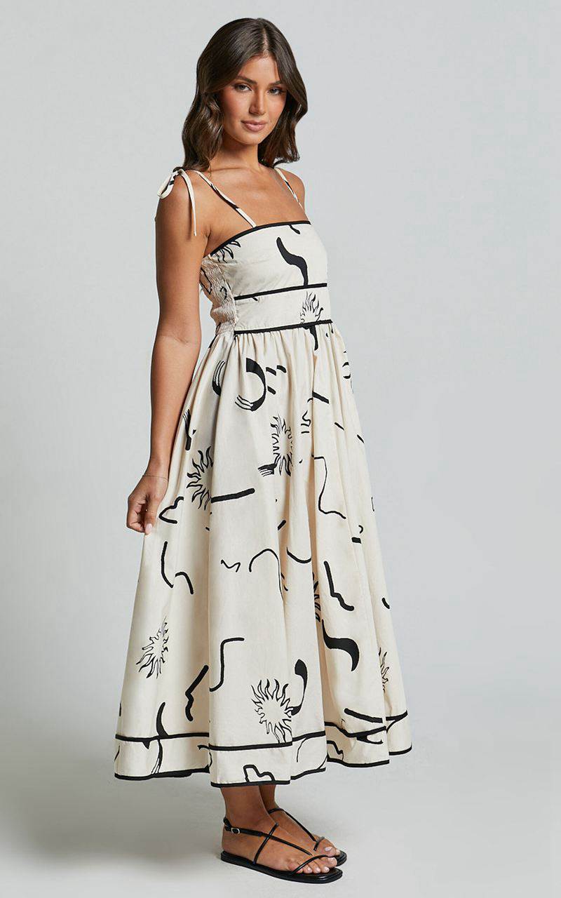 Showpo Zane Midi Dress - Sleeveless Tie Straps A Line Dress Black And White Print | DENGUM760