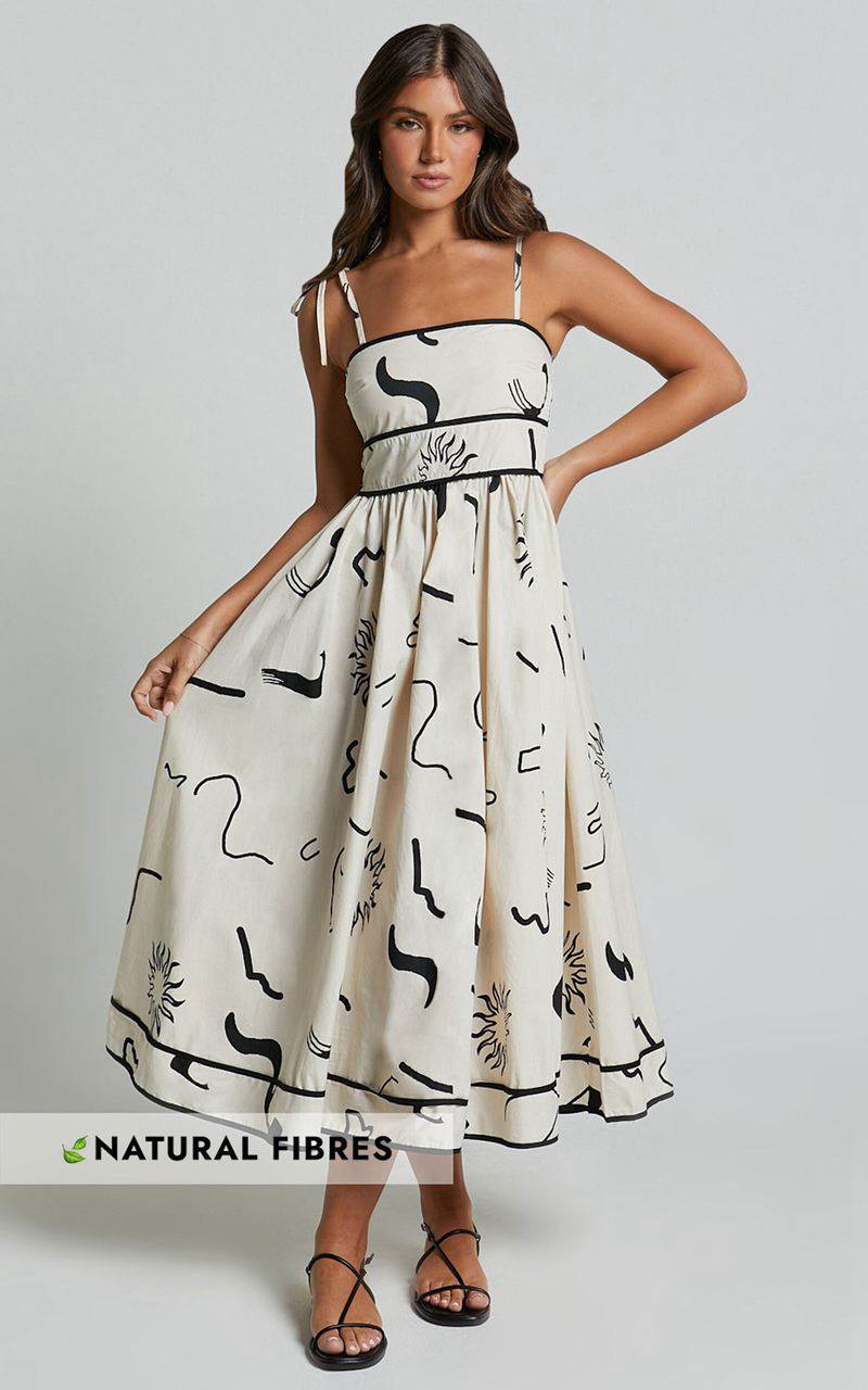 Showpo Zane Midi Dress - Sleeveless Tie Straps A Line Dress Black And White Print | DENGUM760