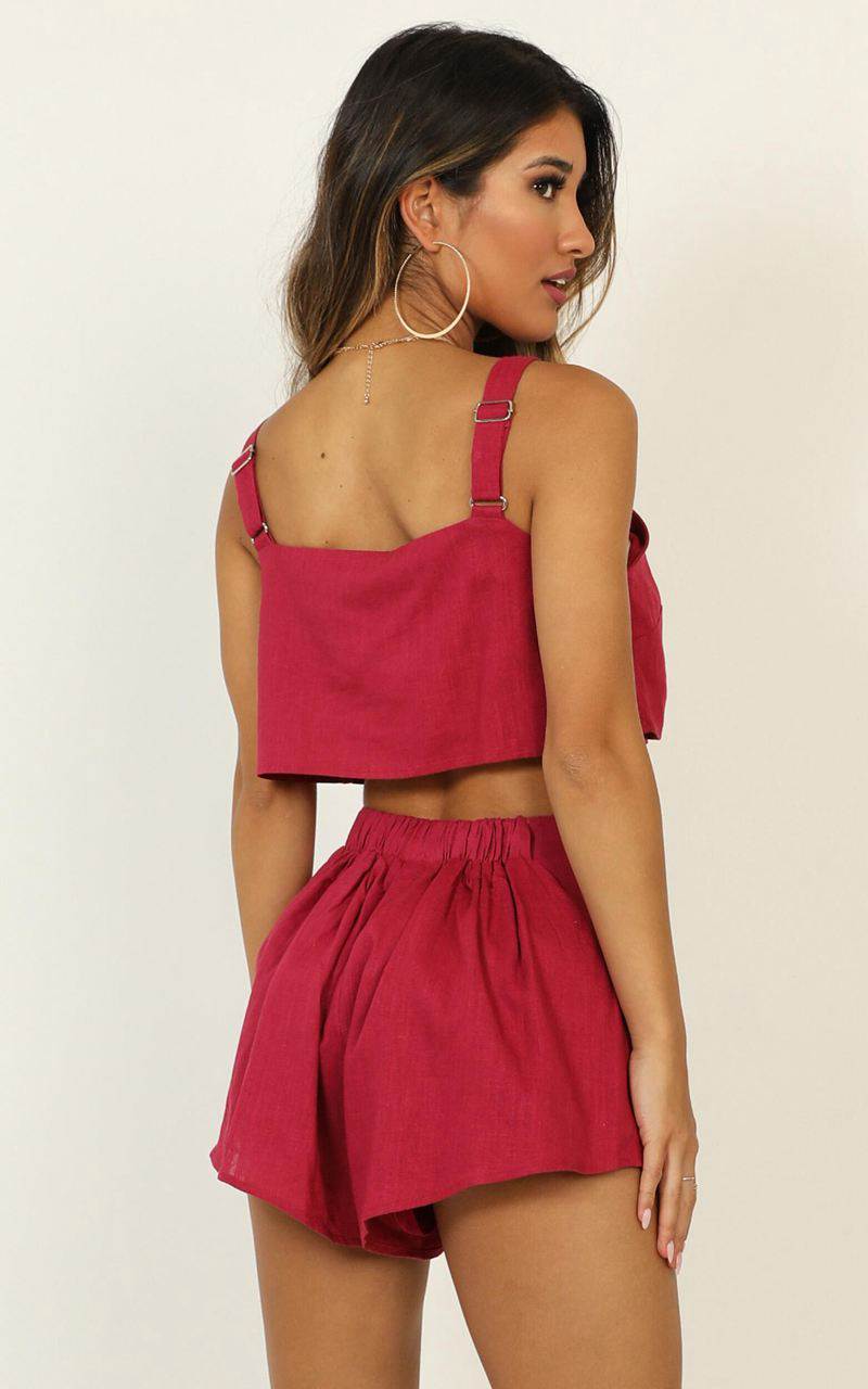 Showpo Zanrie Square Neck Crop Top And High Waist Mini Flare Shorts Berry Linen Look | YFDICK729