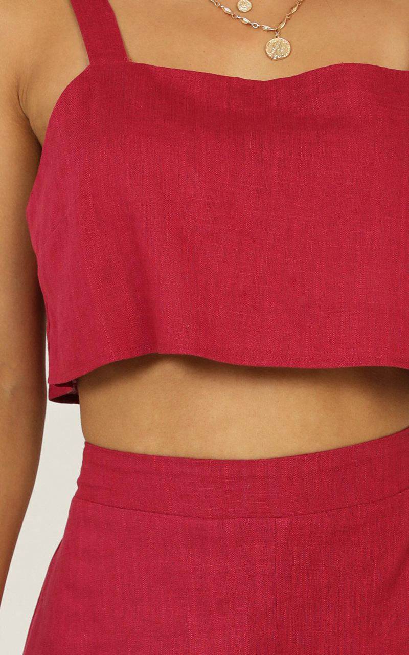 Showpo Zanrie Square Neck Crop Top And High Waist Mini Flare Shorts Berry Linen Look | YFDICK729