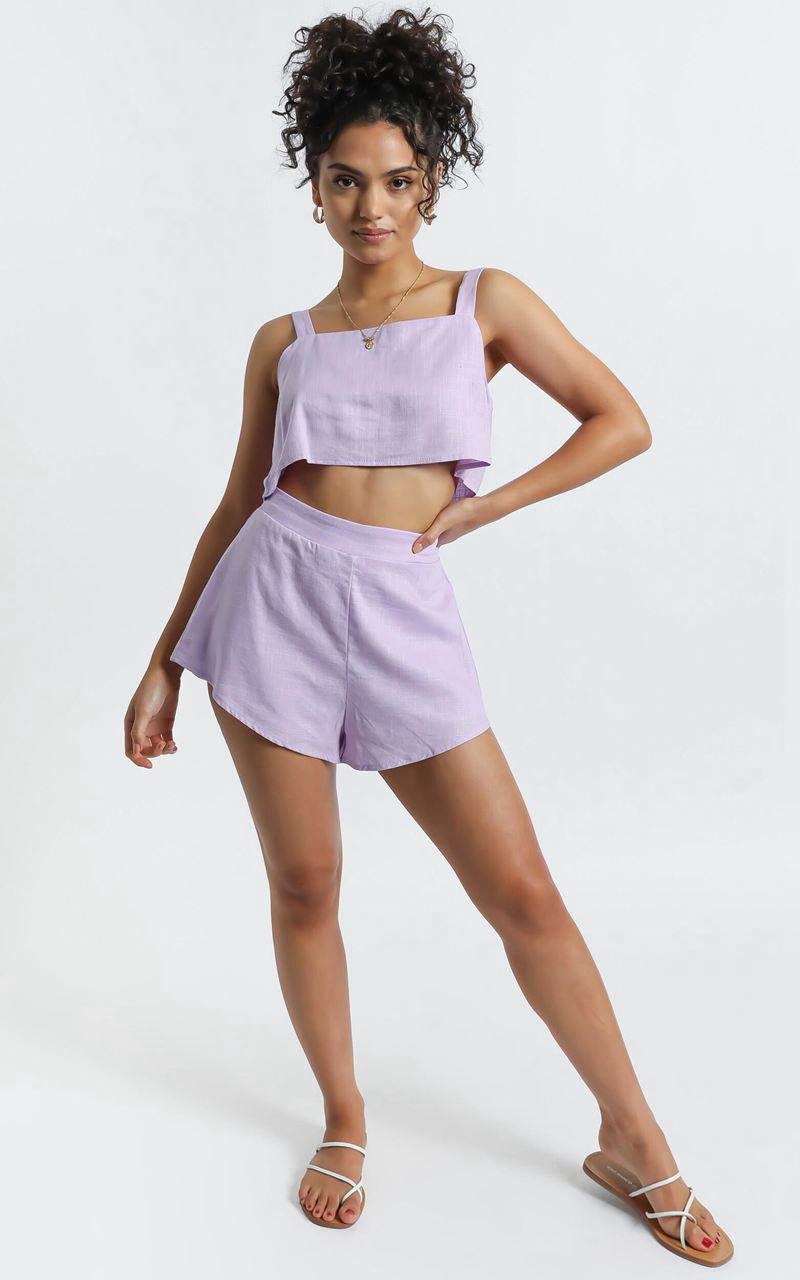 Showpo Zanrie Square Neck Crop Top And High Waist Mini Flare Shorts Lilac Linen Look | KGBAQD093