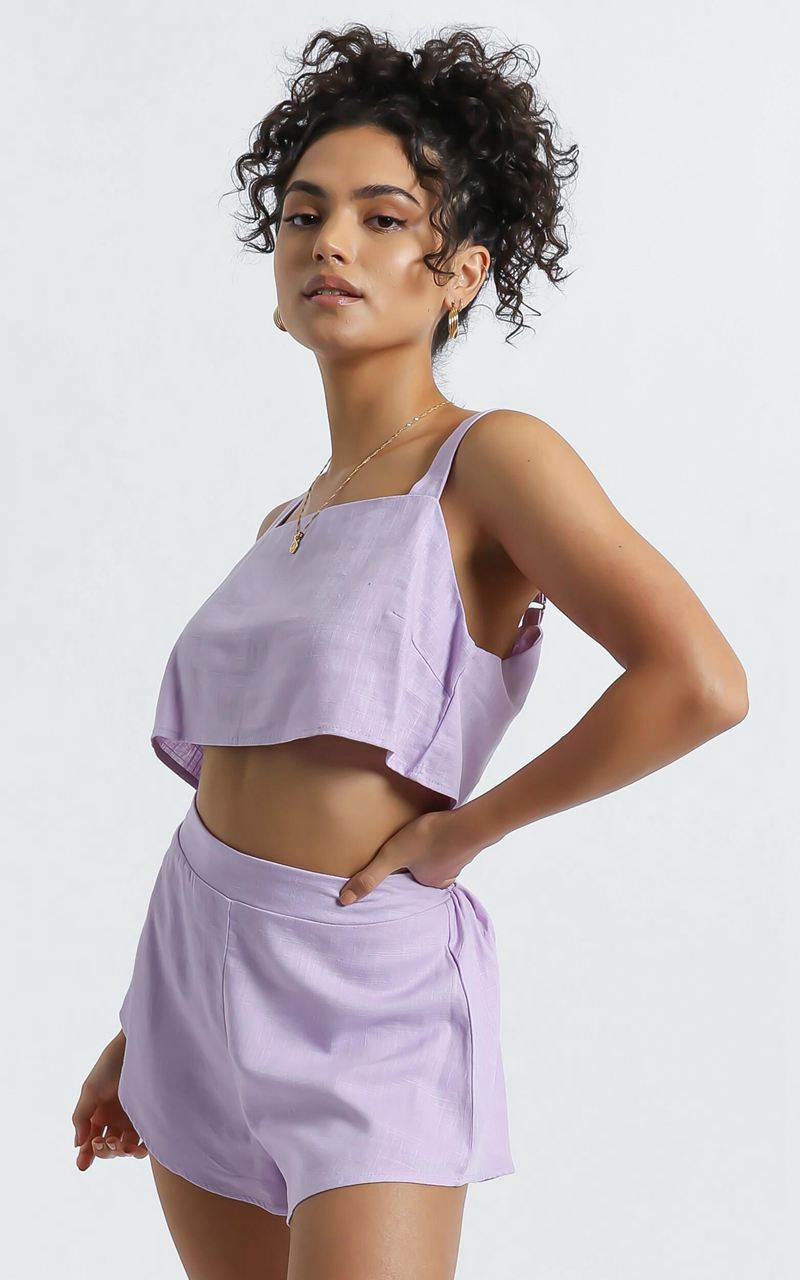 Showpo Zanrie Square Neck Crop Top And High Waist Mini Flare Shorts Lilac Linen Look | KGBAQD093