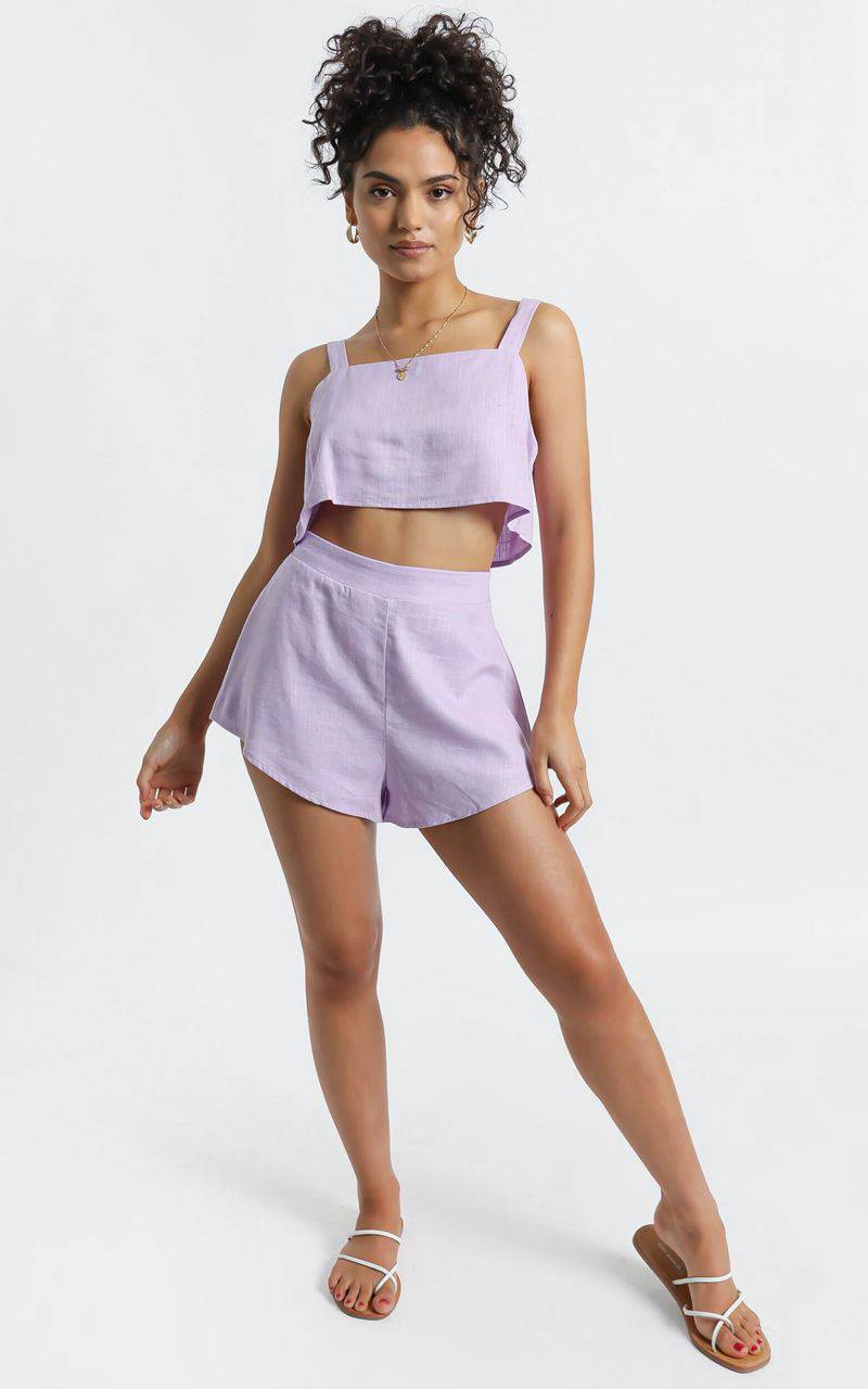 Showpo Zanrie Square Neck Crop Top And High Waist Mini Flare Shorts Lilac Linen Look | KGBAQD093