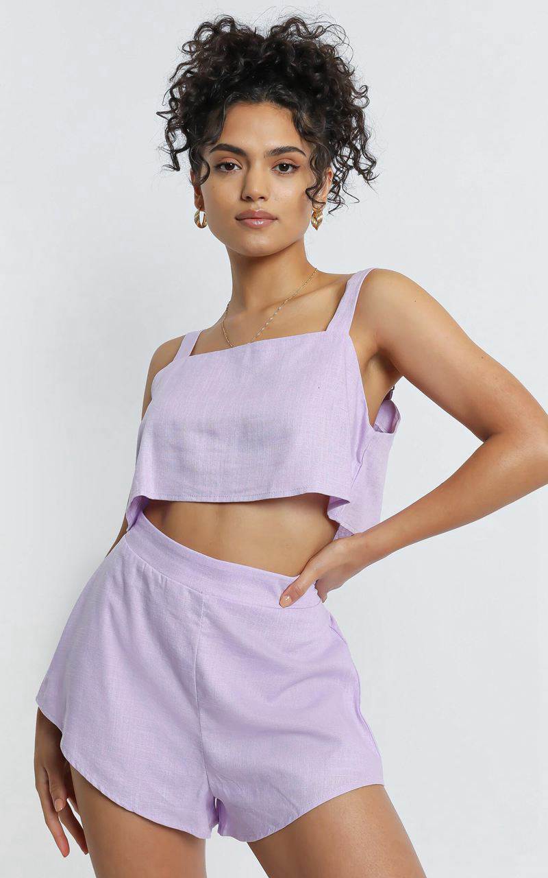 Showpo Zanrie Square Neck Crop Top And High Waist Mini Flare Shorts Lilac Linen Look | KGBAQD093