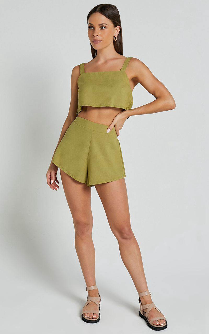 Showpo Zanrie Two Piece Set - Linen Look Square Neck Crop Top And High Waist Mini Flare Shorts Set Celery | RDLBYX451