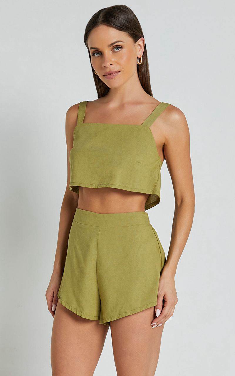 Showpo Zanrie Two Piece Set - Linen Look Square Neck Crop Top And High Waist Mini Flare Shorts Set Celery | RDLBYX451