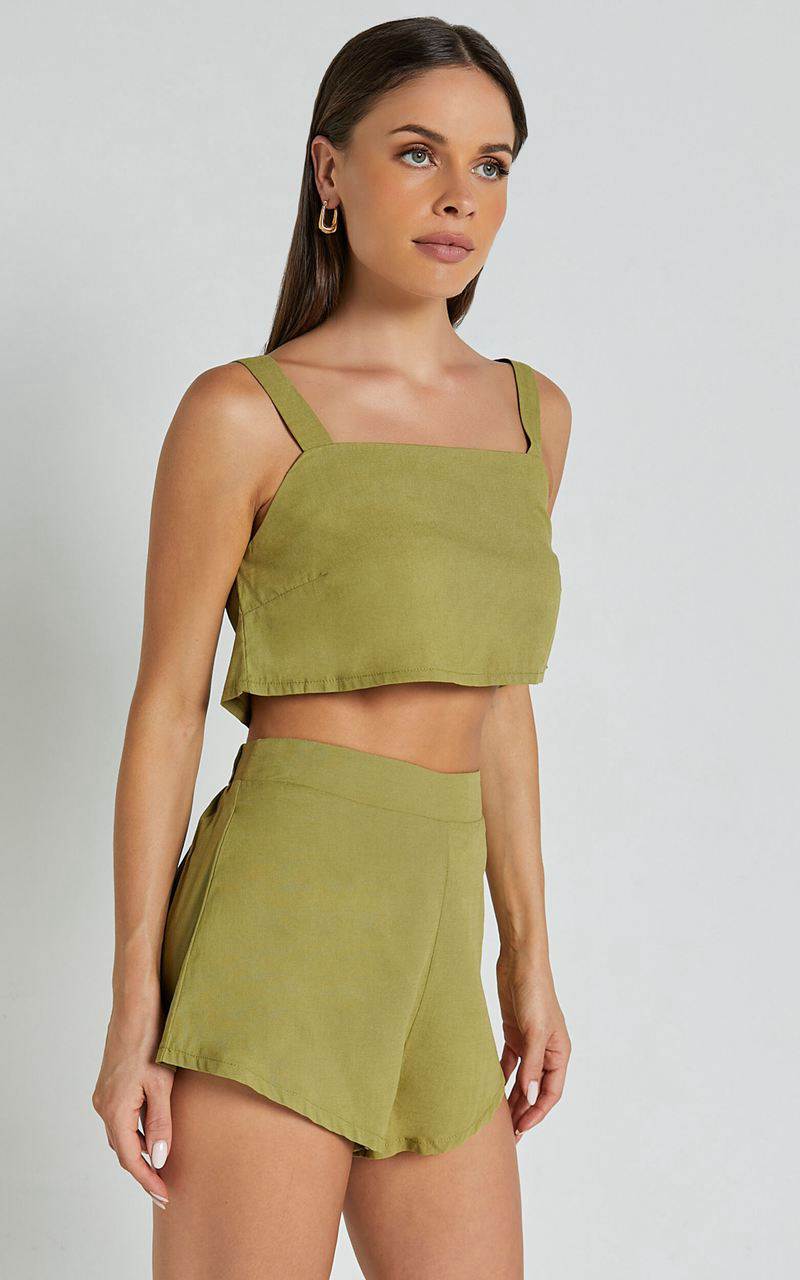 Showpo Zanrie Two Piece Set - Linen Look Square Neck Crop Top And High Waist Mini Flare Shorts Set Celery | RDLBYX451