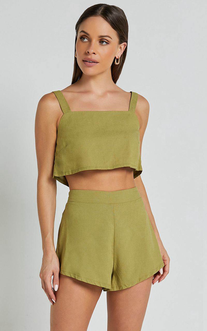 Showpo Zanrie Two Piece Set - Linen Look Square Neck Crop Top And High Waist Mini Flare Shorts Set Celery | RDLBYX451