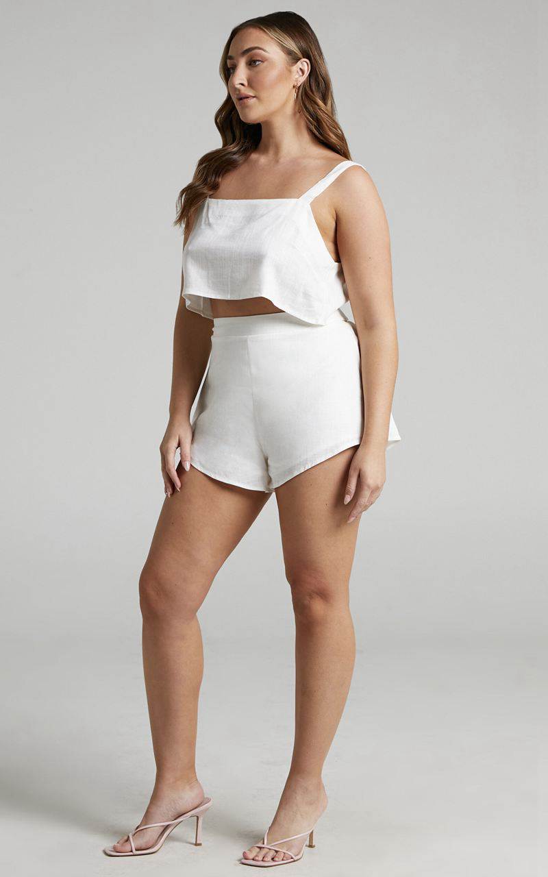 Showpo Zanrie Two Piece Set - Linen Look Square Neck Crop Top And High Waist Mini Flare Shorts Set White Linen Look | AYEXSR126