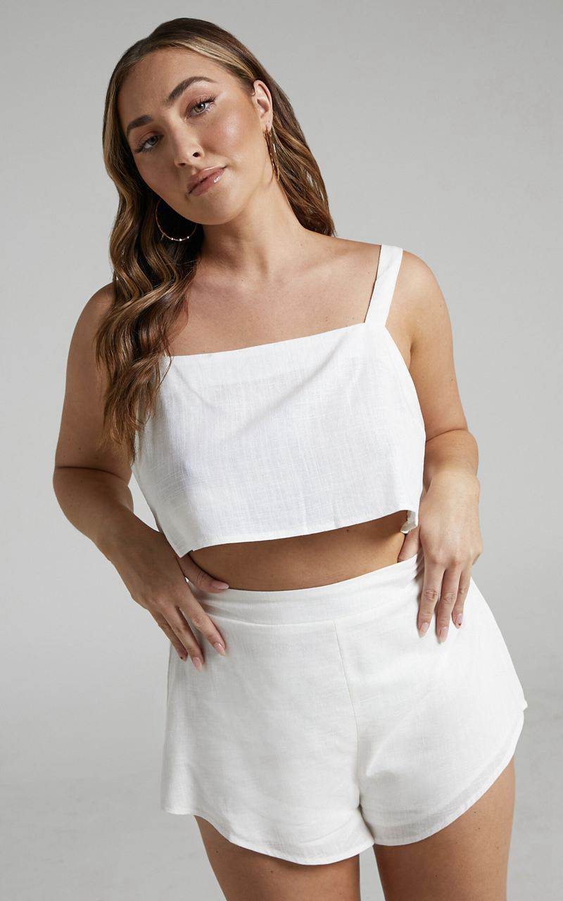 Showpo Zanrie Two Piece Set - Linen Look Square Neck Crop Top And High Waist Mini Flare Shorts Set White Linen Look | AYEXSR126