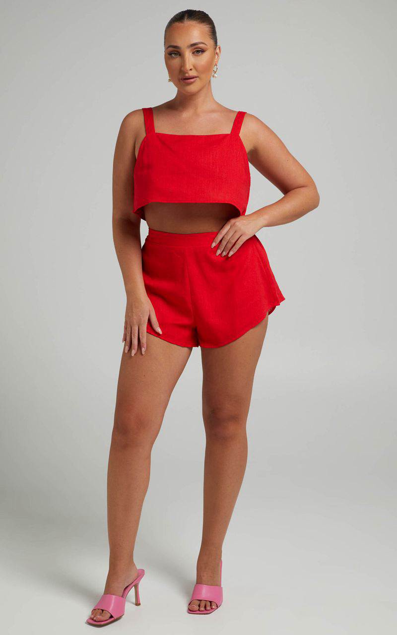 Showpo Zanrie Two Piece Set - Linen Look Square Neck Crop Top And High Waist Mini Flare Shorts Set Red | YTUXEW854