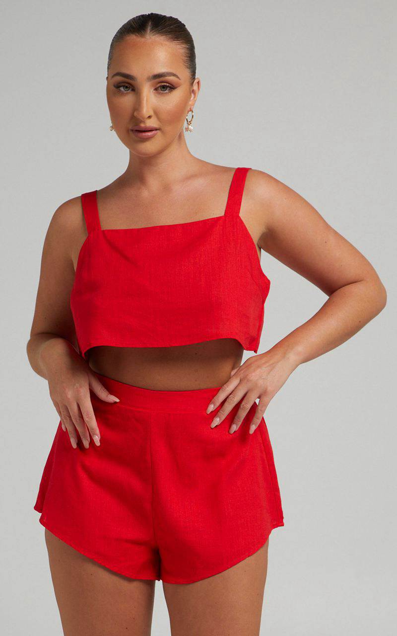 Showpo Zanrie Two Piece Set - Linen Look Square Neck Crop Top And High Waist Mini Flare Shorts Set Red | YTUXEW854