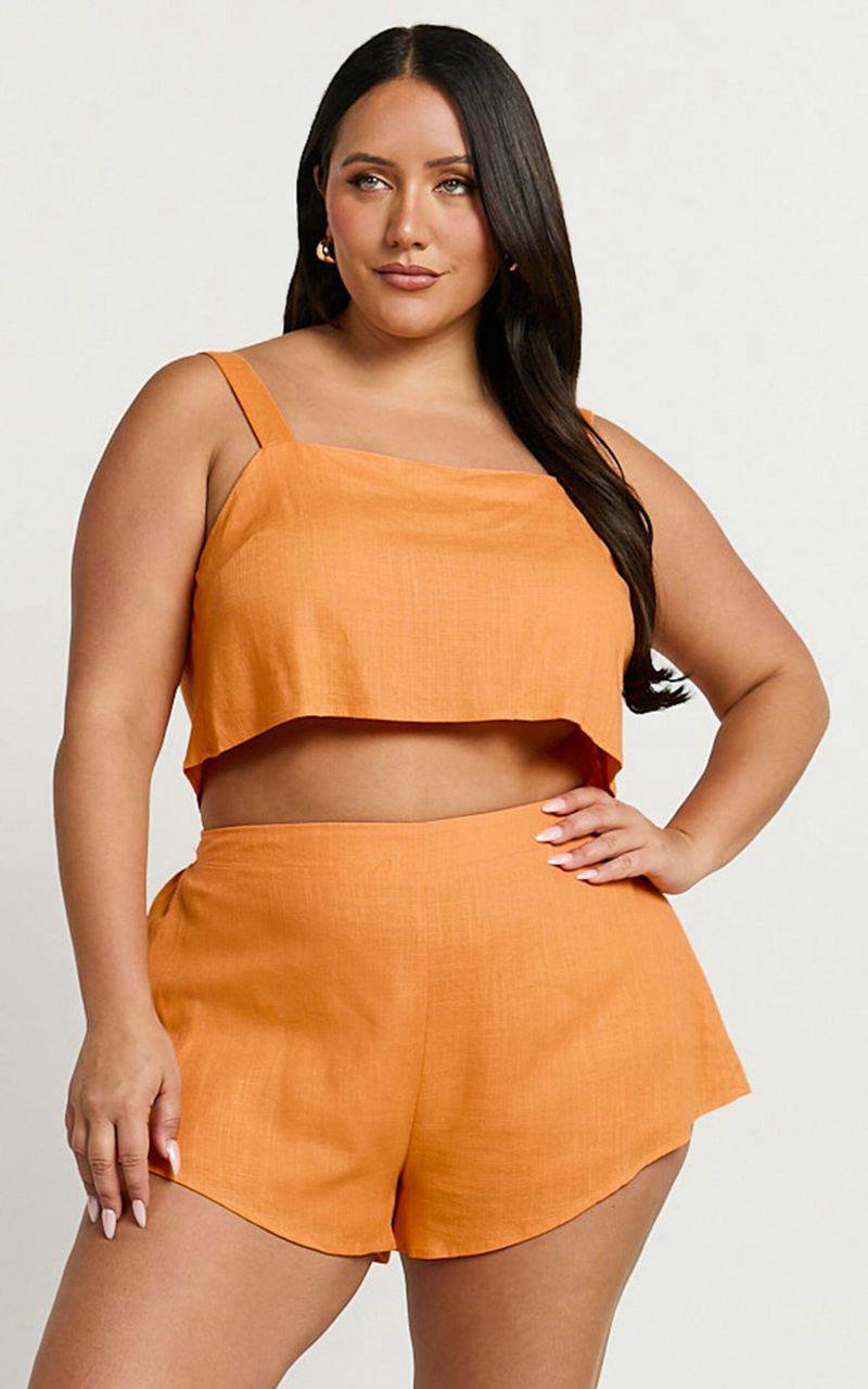 Showpo Zanrie Two Piece Set - Linen Look Square Neck Crop Top And High Waist Mini Flare Shorts Set Orange | LBIJCW495