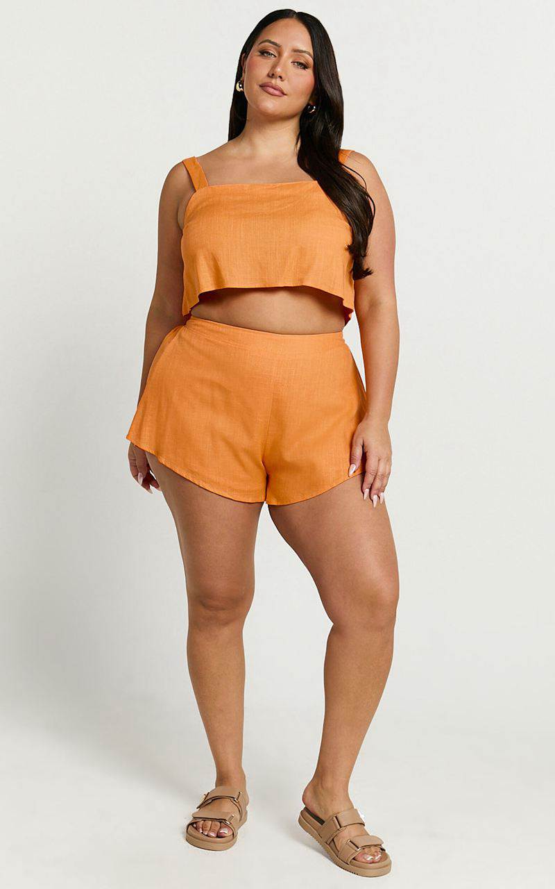 Showpo Zanrie Two Piece Set - Linen Look Square Neck Crop Top And High Waist Mini Flare Shorts Set Orange | LBIJCW495