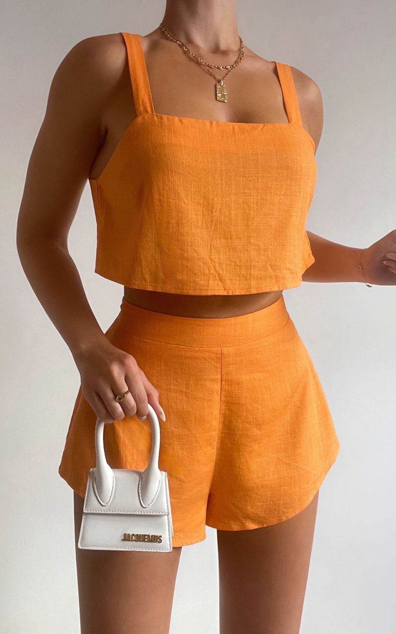 Showpo Zanrie Two Piece Set - Linen Look Square Neck Crop Top And High Waist Mini Flare Shorts Set Orange | LBIJCW495