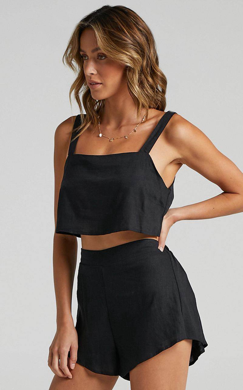 Showpo Zanrie Two Piece Set - Linen Look Square Neck Crop Top And High Waist Mini Flare Shorts Set Black | FAWZES092