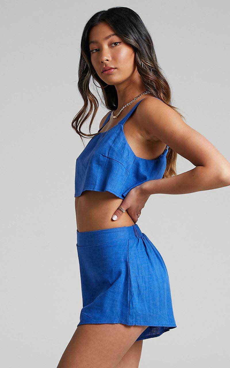 Showpo Zanrie Two Piece Set - Linen Look Square Neck Crop Top And High Waist Mini Flare Shorts Set Cobalt | XBEQDJ923