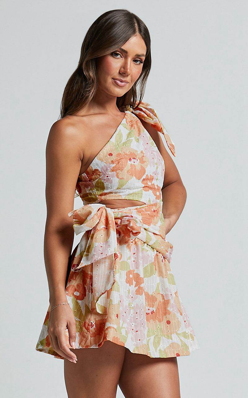 Showpo Zaria Mini Dress - Asymmetric Cut Out Tie Waist Dress Orange Floral | NIQOZY602