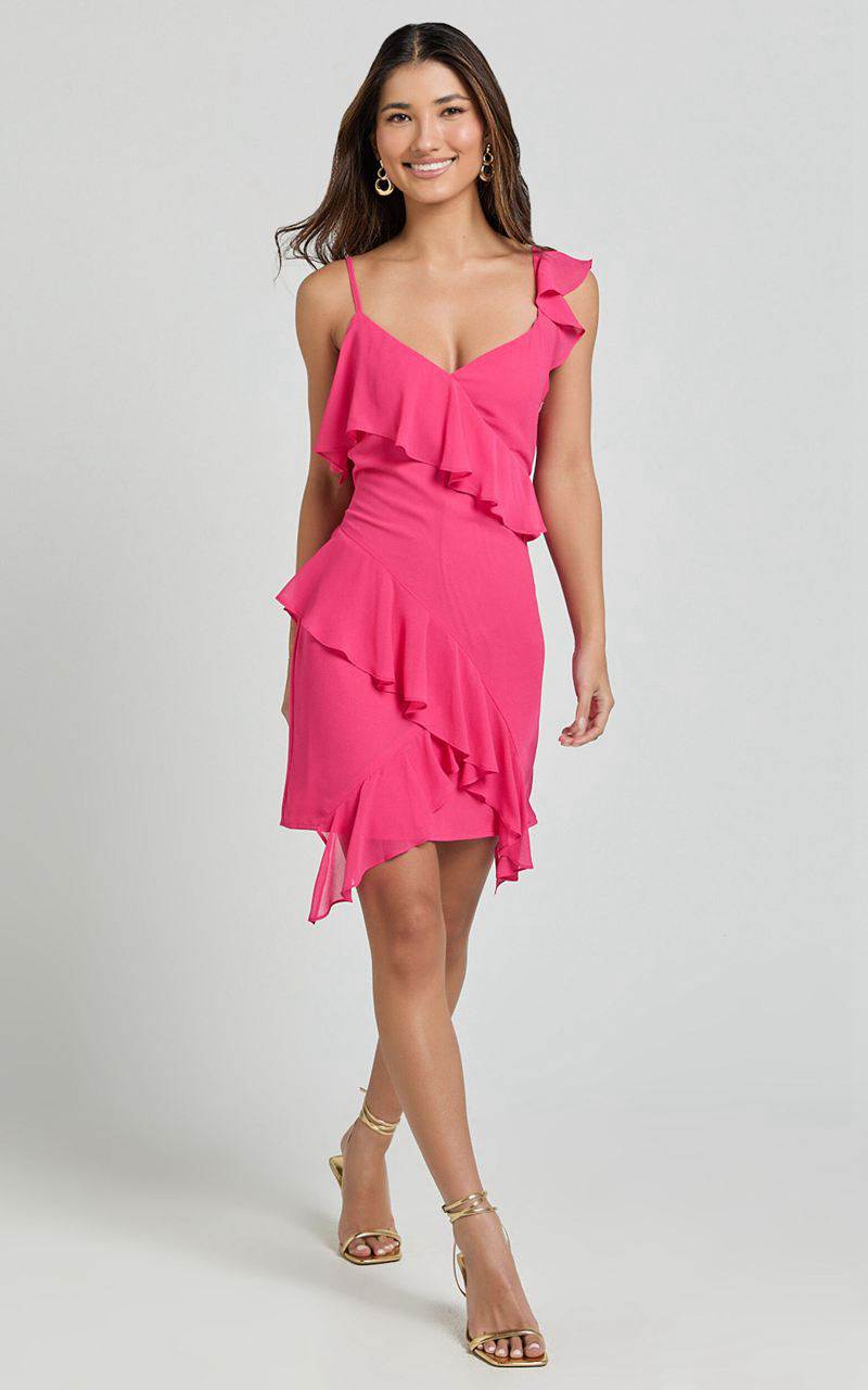 Showpo Zaria Mini Dress - Asymmetric Frill Detail Mini Dress Hot Pink | NJXTRM506